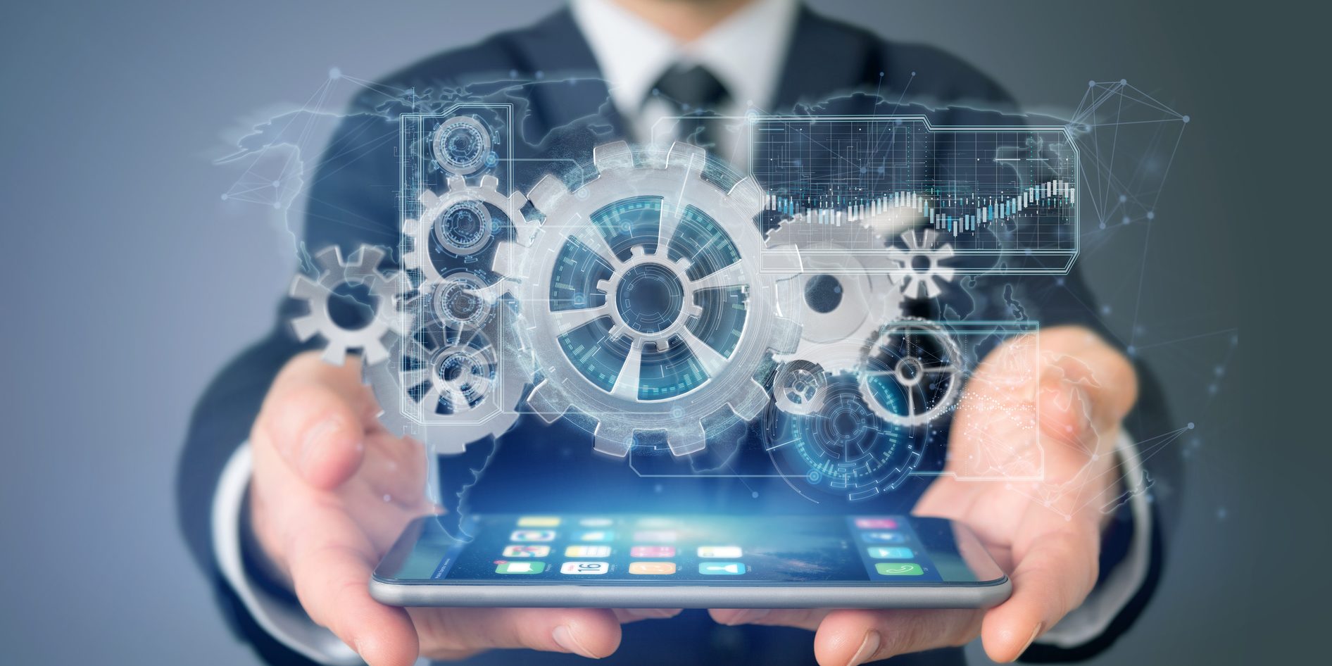 View of a Man holding a technology gear wheel interface3d rendering
